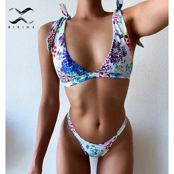 

Sexy print bikini set Bandage knot swimsuit women High cut swimwear Triangle micro bikini Brazilian bathing suit Beach wear New