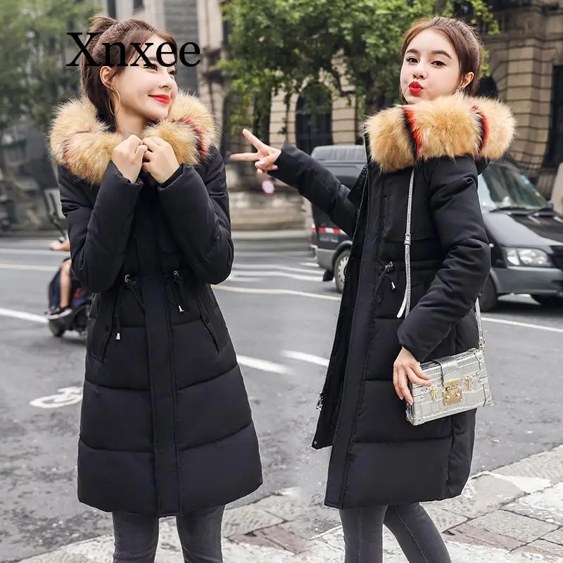 Red White Blue Windproof Warm Casual Women Long Winter Parka Slim Coats Jackets Hooded Pockets Parka Feminina Winter Clothes Fur