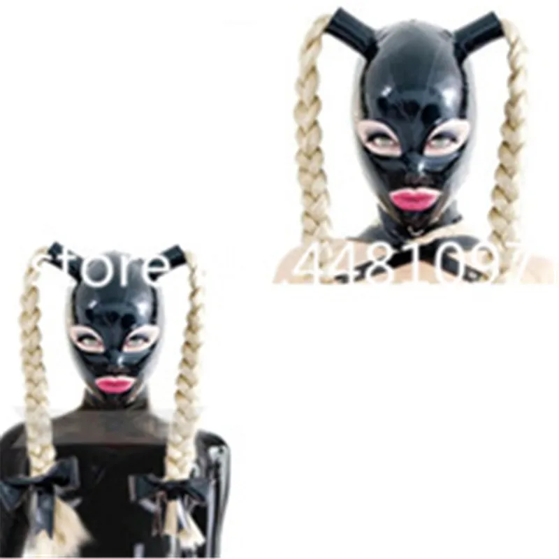 

100% Latex Mask Rubber Unisex Hood with Pigtails Rubber Fetish Mask Two Braid Wigs Latex Headgear Customized