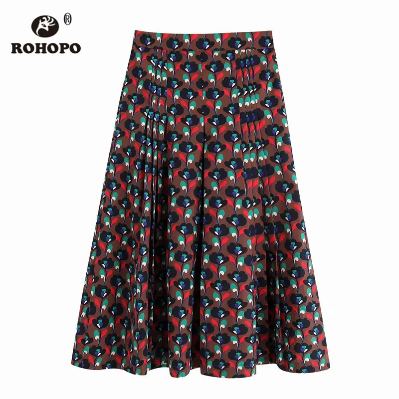 ROHOPO, высокая талия, Цветочная юбка миди, плиссированная, макси, осень, для девушек, до середины икры, гармошка, в рубчик, элегантная, ретро, с принтом, Falda#9717
