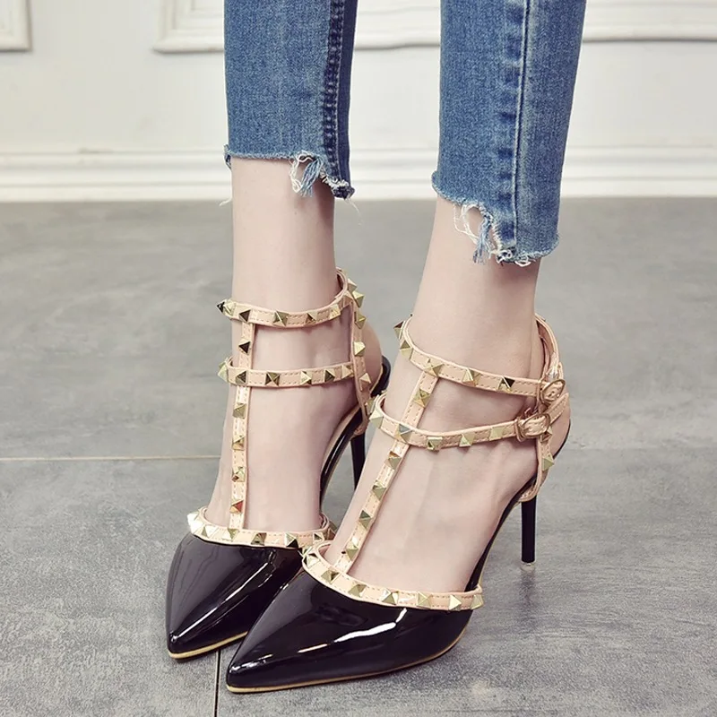 

2019 Europe Pointed-Toe Closed-toe Rivet Station New Style High Heel Shoes Bandage Cloth Paint Low Top Ding Sandals Women's Fine