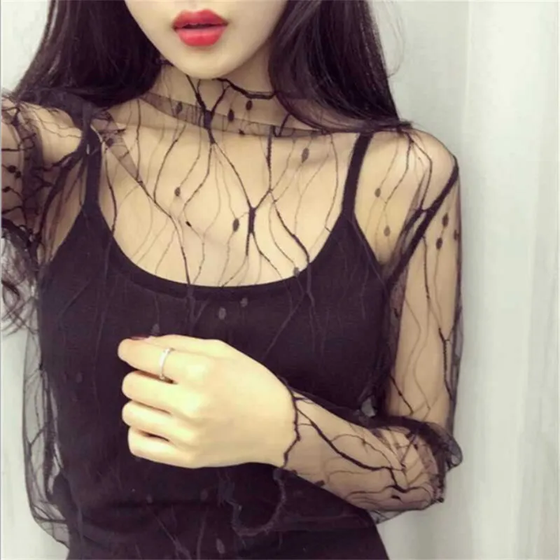 

Mesh T-shirts Hot Sexy Womens Long Sleeve See-through Ruffled Embroidery Star Polka Dots See-through Summer Net Tee Tops