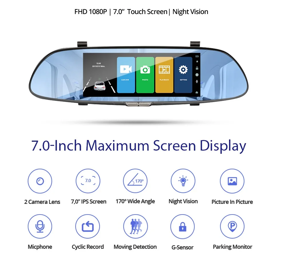 Full HD 1080P Автомобильный видеорегистратор Камера авто 7,0 дюймов сенсорный экран зеркало заднего вида цифровой видеорегистратор двойной объектив регистрационная видеокамера