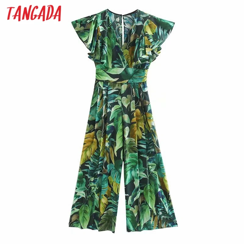 Tangada Women summer leaf print long jumpsuit ruffles short Sleeve pocket v neck female casual Jumpsuit 5Z199 Tangada Women summer leaf print long jumpsuit ruffles short Sleeve pocket v neck female casual Jumpsuit 5Z199