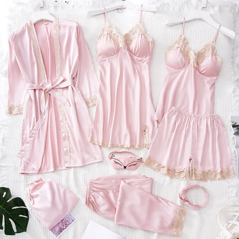 Pink Женская пижама, 8 шт., розовый халат, пижамный комплект, атласное шелковое Сексуальное белье, пижама, домашняя одежда, одежда для сна, пижамный комплект, пижама для женщин - Цвет: Pink