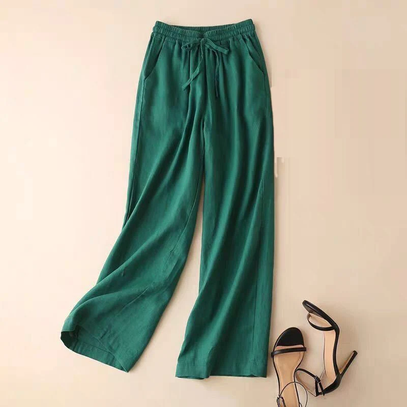 

2020 New Korean Woman Female Elastic High Waist Wide Elg Green Black Beige Linen Trousers , Casual 3xl Pants for Women