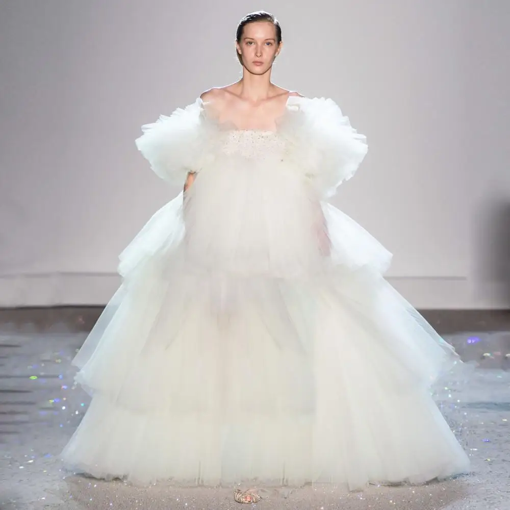 

Off White Ball Gown Prom Formal Dress Strapless Puffy Short Sleeve Pageant Dress Special Occasion Gown Tiered Tulle Evening Wear
