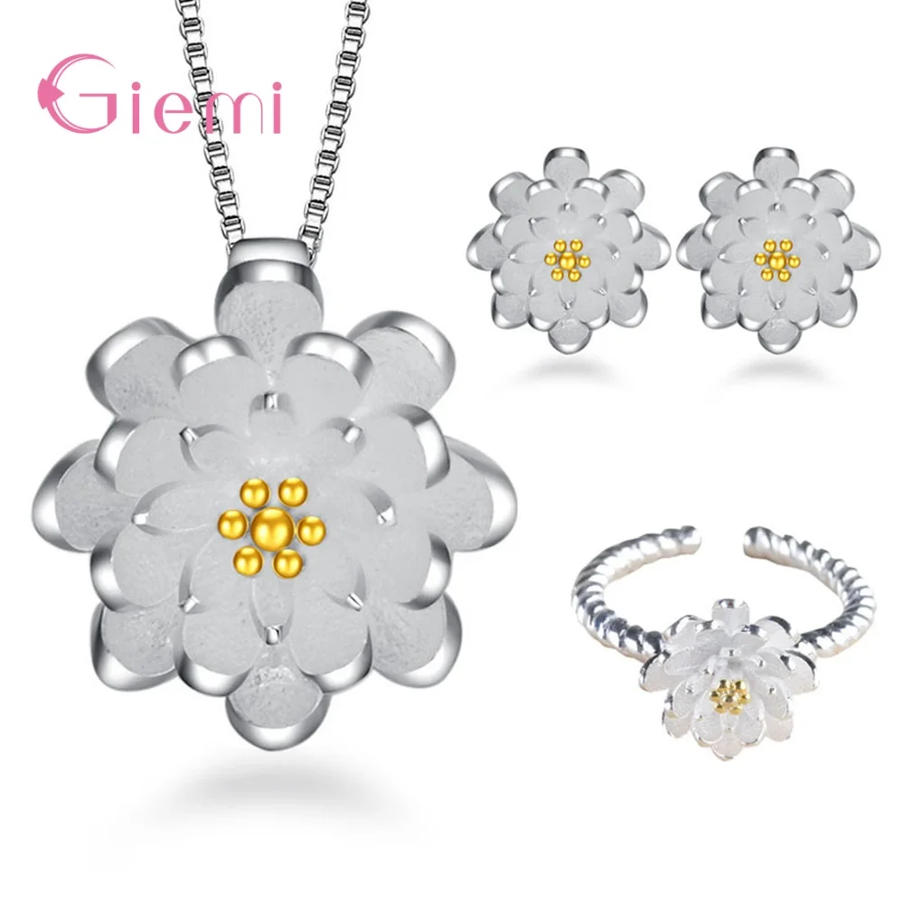 

Korean Trend Wedding Engagement Jewelry Sets 925 Sterling Silver Ring Necklaces Earrings For Women Lotus Flower Opening Anillos