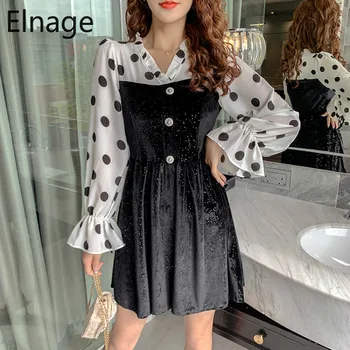 

Elnage Women's Trumpet Long Sleeve Dress Spring Summer Pleated Slim Waist V-neck Patchwork Chiffon Polka Dot Vestidos 5A462