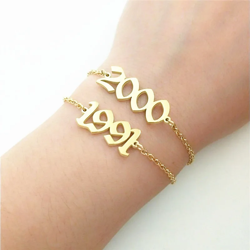 

Old English Number Chain Bracelet 1991 1992 1993 1994 1995 1996 1997 1998 1999 2000 Birth Year Hand Link Gold Silver BFF Jewelry