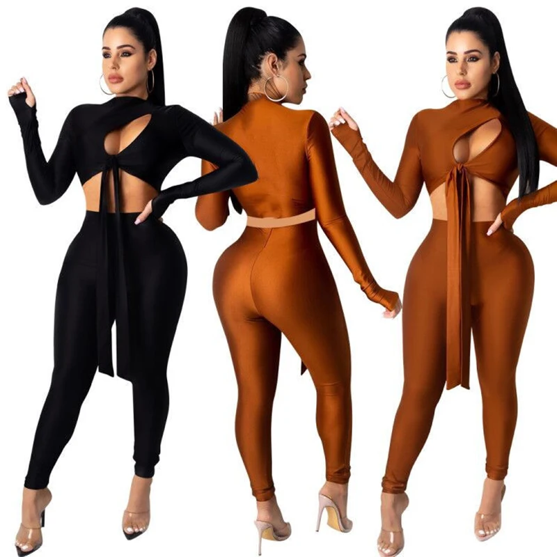 

New Arrival Autumn Women Suit Sexy Style Solid-color Long Sleeves Ribbons Tie Hole Tops & Leggings Two Pieces Set