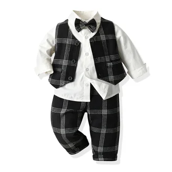 Wiosna jesień Baby Boy oficjalne garnitury dla dzieci odzież czarna kamizelka w kratę koszula spodnie 3 sztuk zestaw moda dla dzieci strój na imprezę tanie i dobre opinie Kabeier COTTON Chłopcy 7-12m 13-24m 25-36m 4-6y CN (pochodzenie) Wiosna i jesień V-neck Zestawy Jednorzędowe HH-TZ1407