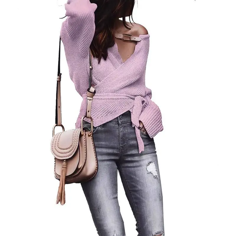 Однотонный свитер с v-образным вырезом и высокой талией, вязаный пуловер, Женский винтажный Повседневный свитер с поясом, открытый стежок, топы с длинным рукавом, джемпер - Цвет: Розовый