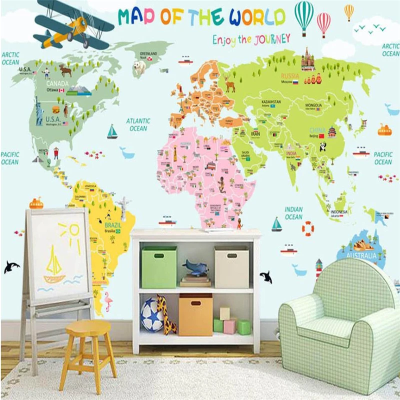 wellyu-Custom-large-mural-green-wallpaper-cartoon-world-map-tv-bedroom-backdrop-papel-de-parede-para