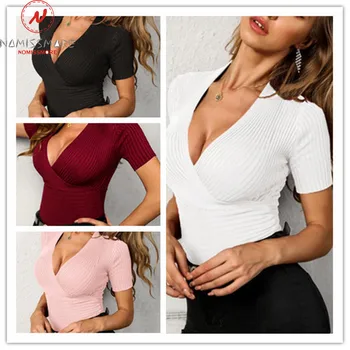 

Sexy Women Summer Solid Color T-Shirts Cross Design Deep V Shorts Sleeve Slim Pullovers Top for Streetwear