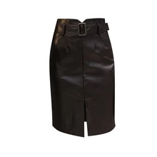 Офисные женские элегантные миди-юбки с высокой талией из искусственной кожи пу прямая юбка с поясом Сексуальная черная Женская юбка с разрезом