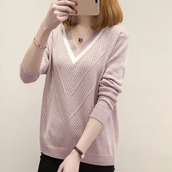 

2018 New Women V-Neck Pullover Sweater Loose Style Long Sleeve Pure Color Cashmere Wool Sweater RE0942