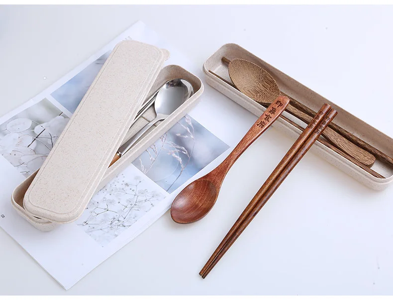 Customizable Lettering Chopsticks Spoon Tableware Set Wood Students Chopsticks Spoon Three-piece Set Portable Travel Tableware G