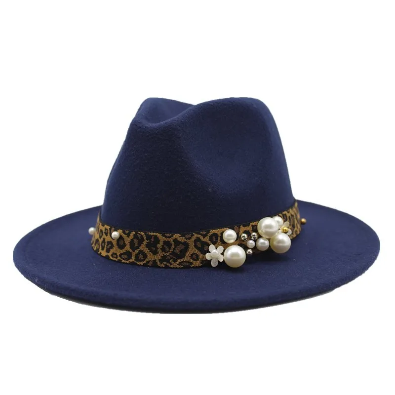 Женская зимняя Осенняя Шляпа Fedora, элегантные сексуальные леопардовые джазовые сексуальные леопардовые винтажные шерстяные шляпы с жемчугом