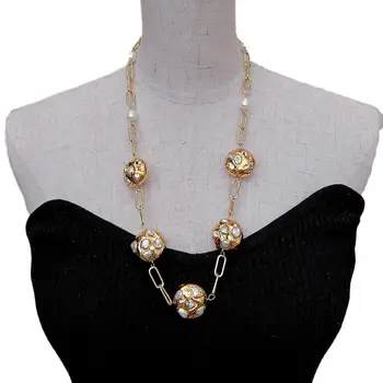 

Cultured White Keshi Pearl Bezel Set Gold Plated Chain Station Necklace 25"