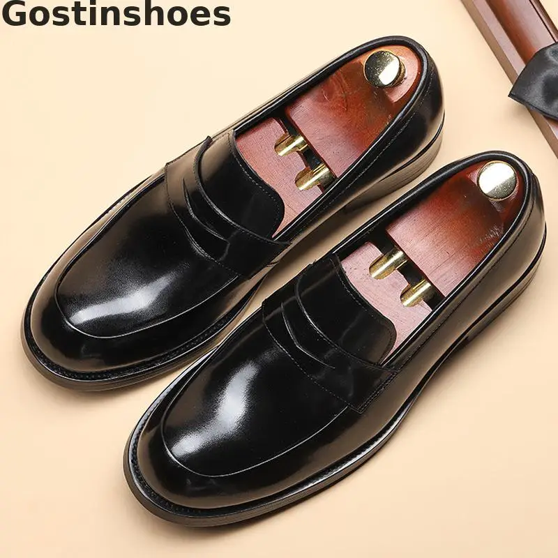

Black Brown Men Shoes Genuine Leather Men Dress Shoes Slip-on Round Toe Men Formal Shoes For Business Wedding Office Wear