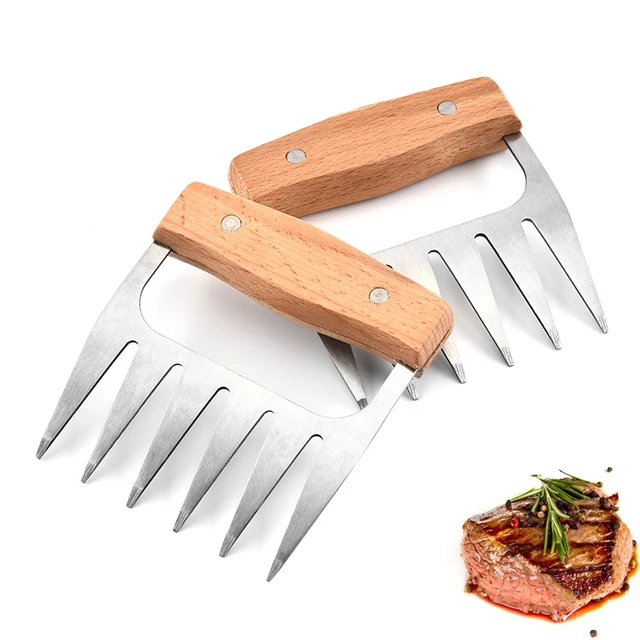 Stainless Steel Bear Claw Meat Shredder BBQ Fork Light Wood