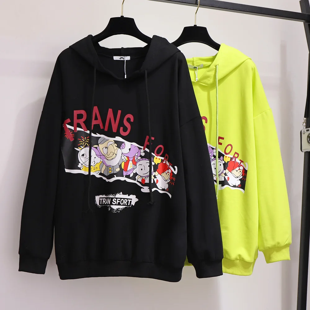 

300 Ultra-Large Size Dress 2019 Autumn Hooded Drawstring Cartoon Printed Hoodie Loose-Fit Slimming Jacket