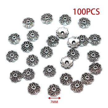 

7mm Charms For Jewelry Making Bead End Caps 100/200pcs/lot Zinc Alloy Metal Bead Caps Tibetan Silver Plated Flower Beads Caps