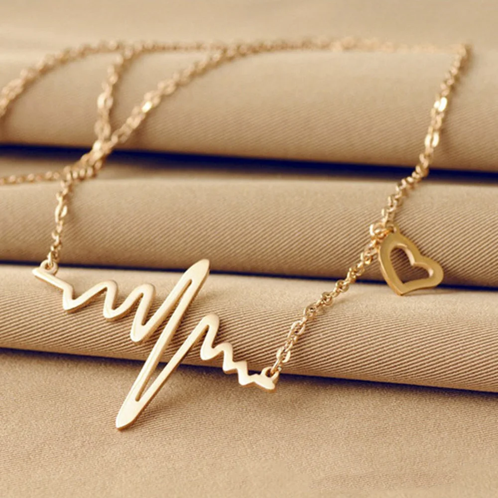 

Simple Wave Heart Necklace Chic Ecg Pulse Charm Pendant Necklace Lightning Women Vintage Fashion Jewelry Accessories Gold Color