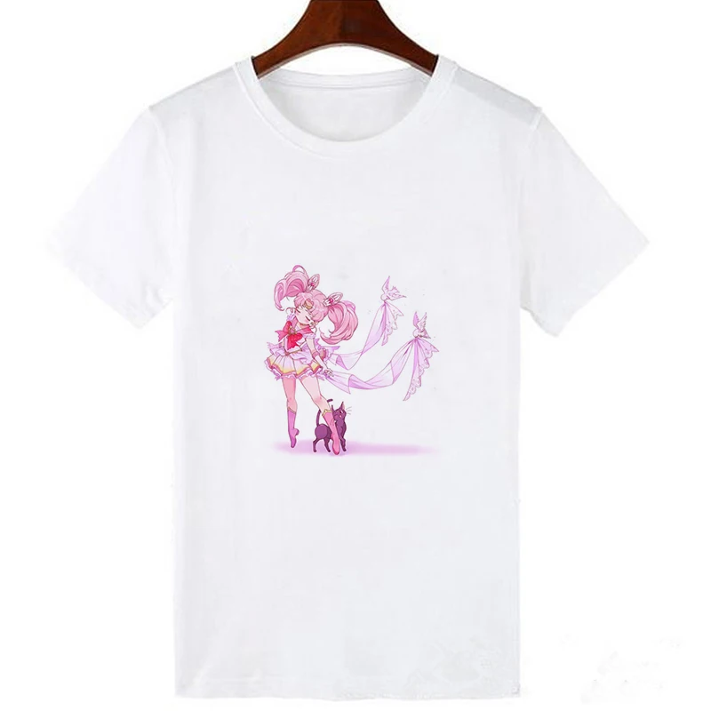 Sailor Moon летняя футболка для женщин Harajuku короткий рукав забавная футболка Ulzzang футболка с милым котом женские футболки с героями мультфильмов - Цвет: 19bk207-white