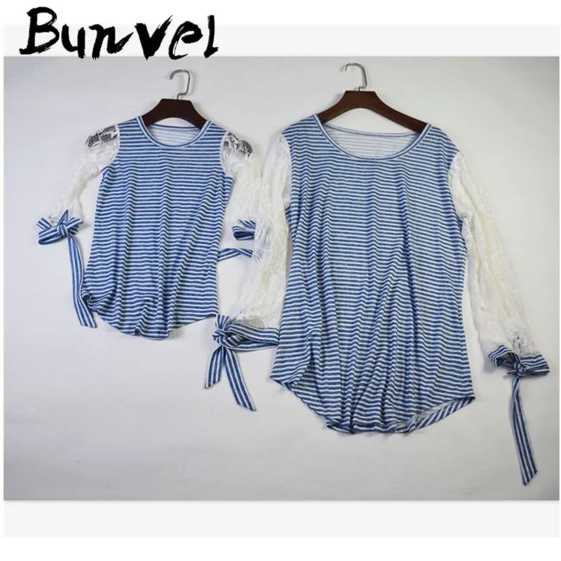 Bunvel/футболка «Мама и я» кружевная рубашка с длинными рукавами одежда для мамы и дочки с бантом одежда для мамы и дочки футболка, 5 - Цвет: Синий