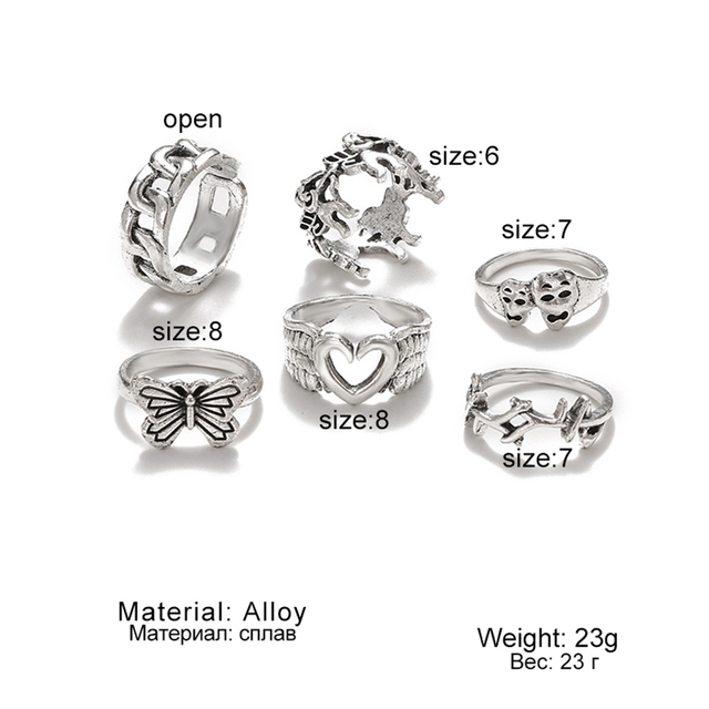 6Pcs Vintage Gothic Butterfly Angle Flower Multi Element Ring Set For Women Men Retro Personality Finger Ring Gifts