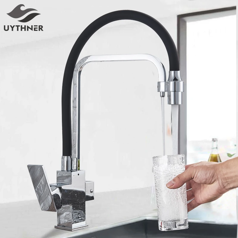 Chrome Waterfilter taps kitchen faucets Dual Handle Deck Mounted Mixer Tap 360 Degree rotation Water Purification Feature Crane
