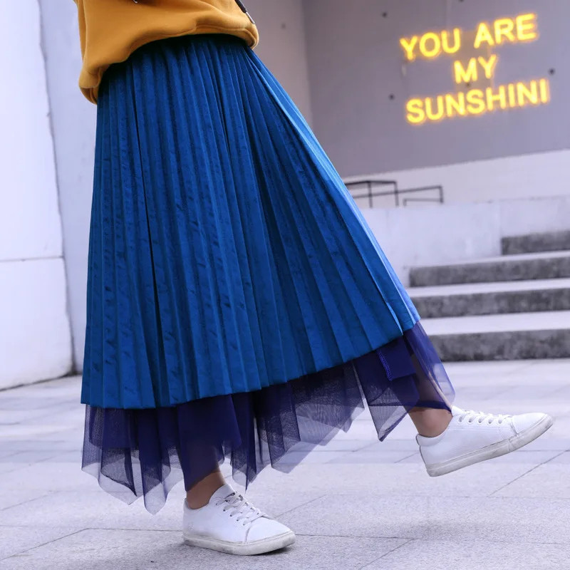 Sapphire blue Модные юбки для девочек; сезон осень-зима; коллекция года; длинные юбки для девочек-подростков; бархатная сетчатая плиссированная юбка средней длины в Корейском стиле; эластичная Повседневная винтажная юбка - Цвет: Sapphire blue