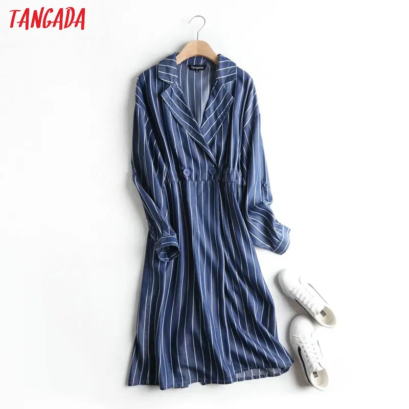 

Tangada women blue denim long trench coat elegant 2020 spring long sleeve ladies buttons casual wind coat 2P20