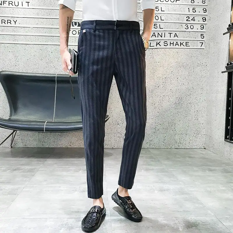 M-5XL плюс размер брюки мужские облегающие уличные формальные тонкие брюки до щиколотки классические полосатые азиатские мужские брюки 4XL