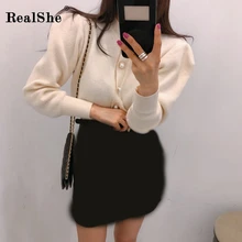 RealShe вязаный женский кардиган с О-образным вырезом и длинным пышным рукавом, Одноцветный кашемировый свитер на пуговицах для женщин, весенний Повседневный свитер для женщин