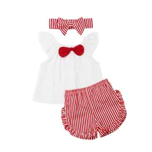 США, для новорожденных девочек в полоску, Топы+ штаны+ повязка на голову, шорты с оборками, летняя одежда