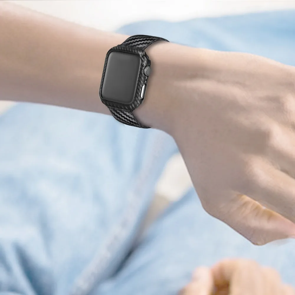 Чехол из поликарбоната для Apple Watch 44 мм кожаный ремешок iWatch серия 4 ремешок для часов из углеродного волокна Bupmer с ремешком для часов 42 мм