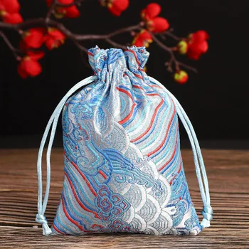 

50pcs 10x14cm Upscale Jewelry Brocade Bag Handmade Embroidery Drawstring Jewelry Packaging Pouches Sky blue Gift Bags