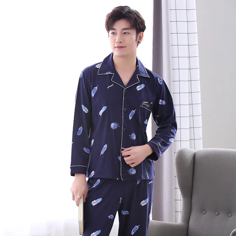 Spring and Autumn Cotton Men's Pajamas Long-sleeved Printed Lapel Pajamas Set Large Size Casual Comfortable Men's Home Service