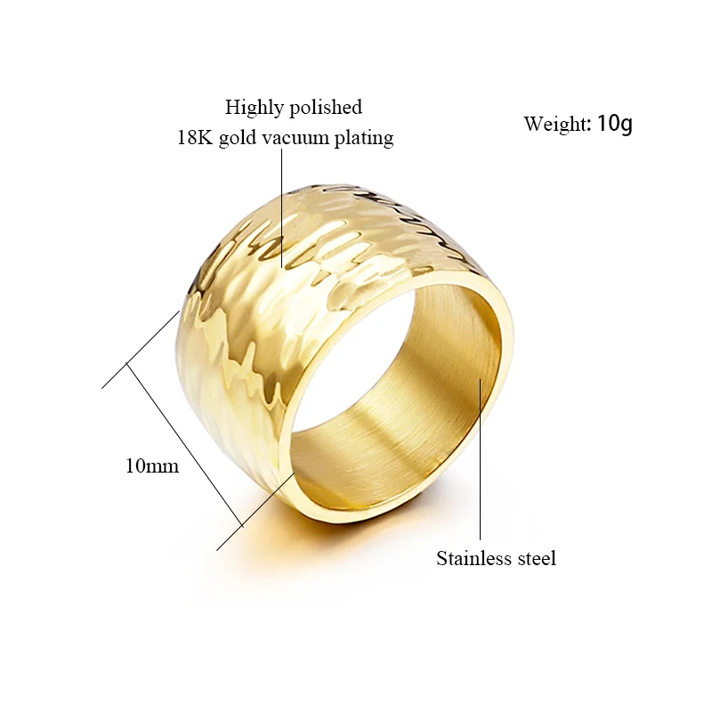 Gold Color Titanium Wave Ring for Women Highly Polished Stainless Steel Shiny 10mm Wide Ring 6