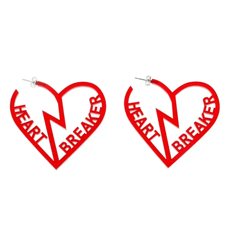 

Red Puzzles Broken Heart Acrylic Big Heart Hoop Earrings Women Fashion Jewelry