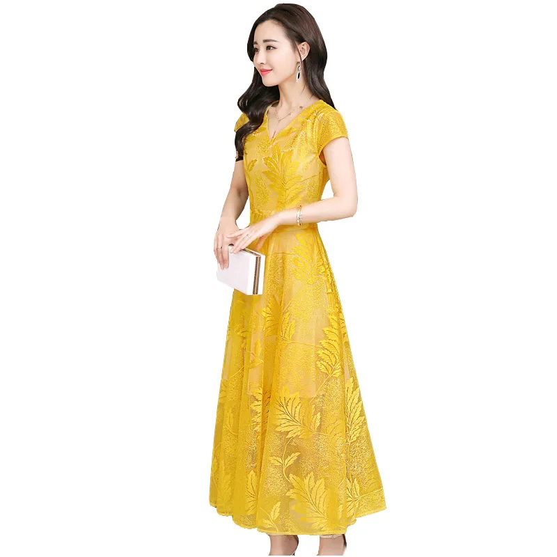 

Summer new women's dress fashion Korean Sexy waist short sleeve long dresses ladies plus size lace embroidered dresses tide