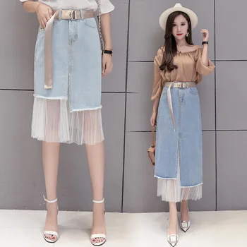 

Explosive Lace Edge Irregular Stitching Mesh Denim Cute Wind Skirt