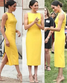 

Meghan Markle Yellow Evening Dresses Sheath Sleeveless Midi Formal Prom Dreses Back Slits Cheap Evening Party Gown 2019