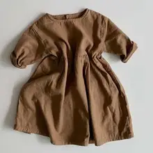 Ins/ г. Весеннее японское простое платье из хлопка и льна для девочек платье на пуговицах с длинными рукавами для маленьких девочек детское платье для девочек