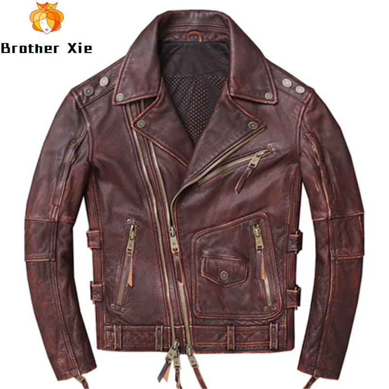 

2020 Vintage Men's Genuine Leather Jacket Motorcycle Leather Jackets Brown Cowhide Slim fit Coat for Male