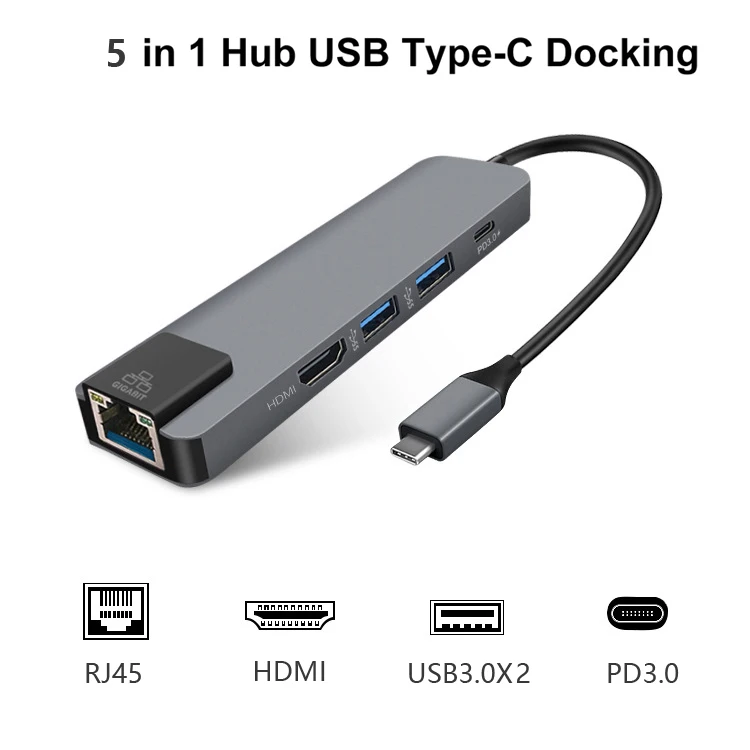 5 port USB C концентратор Алюминиевый Тип C к HDMI кардридер RJ45 PD для зарядного устройства Аудио MacBook поддержка расширения режима usb c концентратор - Цвет: 5 port