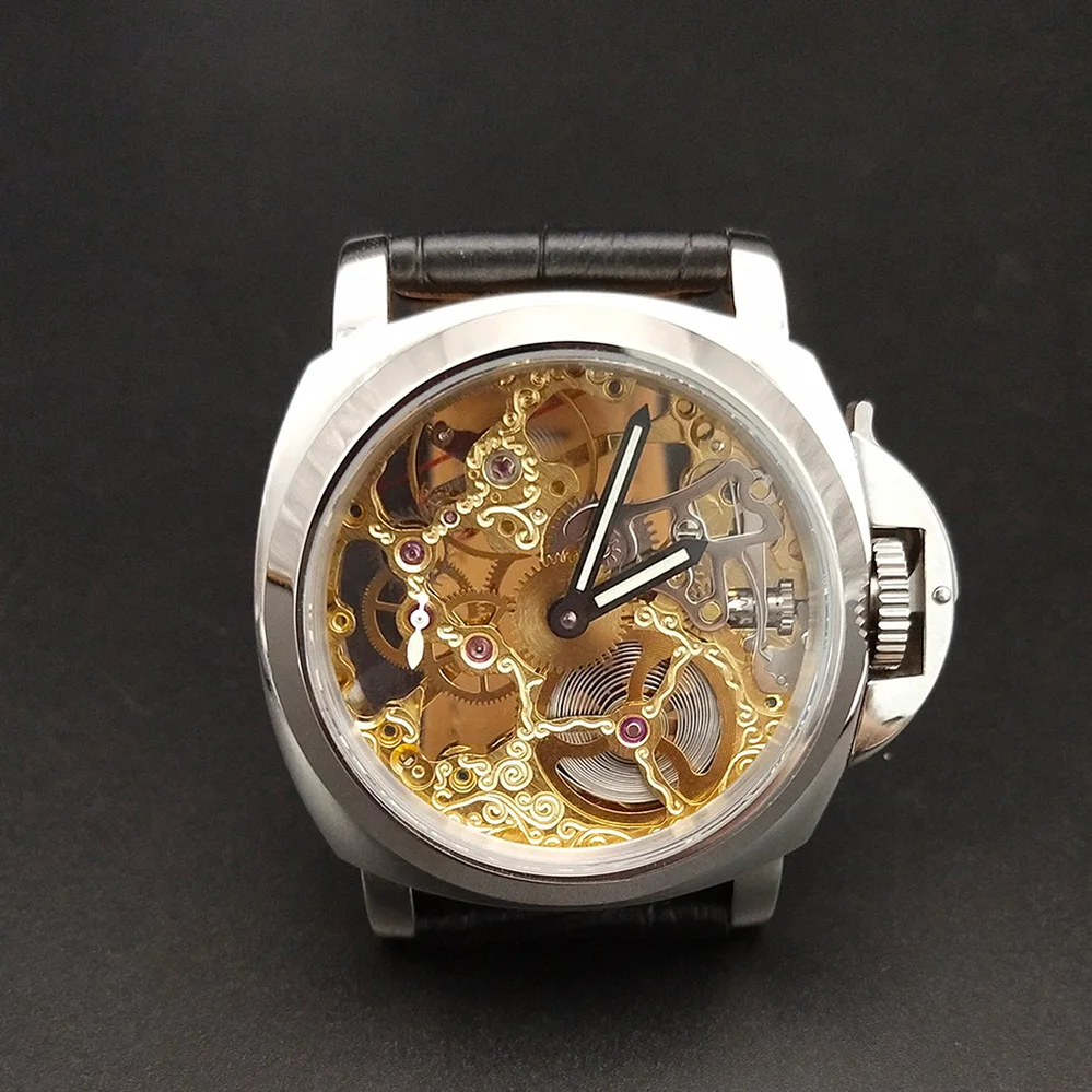 parnis luxury brand mechanical watch for the Men's waches men aaa 44mm fashion movement sterile dial black leather strap